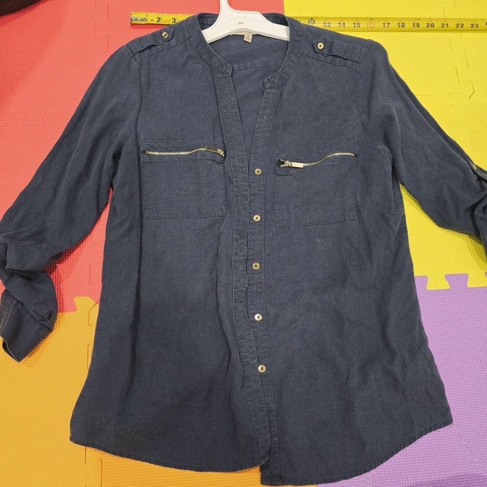 Philosophy Republic Navy Blue Linen Blend Roll Tab Sleeve Utility Shirt Size M